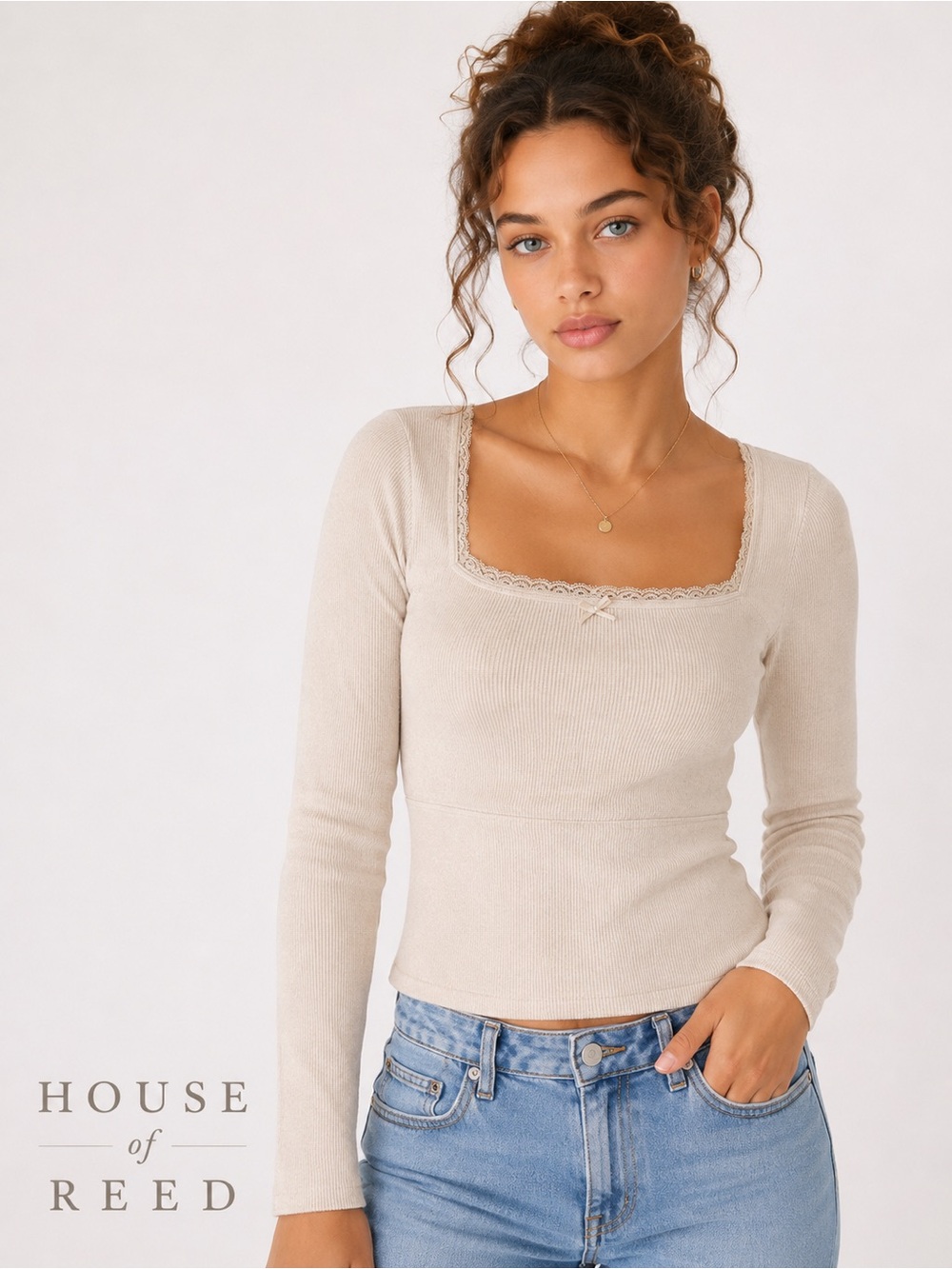 American Eagle Soft Lace Trim Ribbed Square Neck Top Beige Long Sleeve Y2K